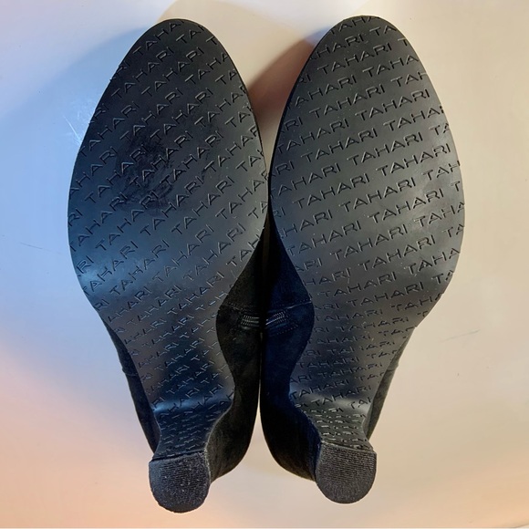 Tahari Ramona Black Suede Leather Gold Studs Ankle Boots Bootie Heels Shoes 10M - Picture 6 of 11